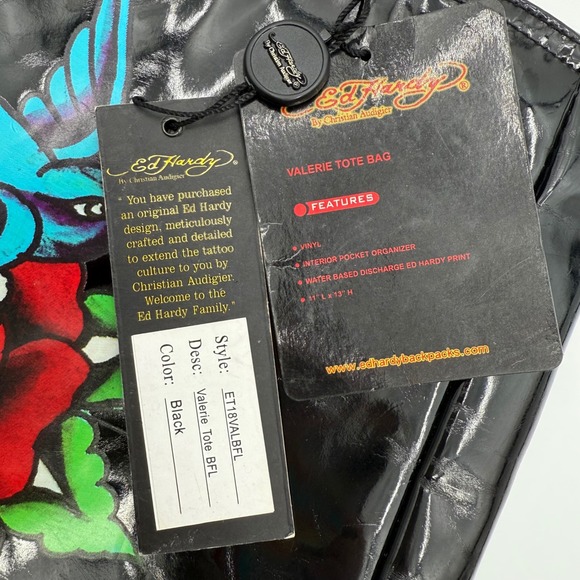 Ed Hardy Valerie Black Vinyl Tattoo Rose Sparrow‎ Love Tote Bag NEW - Picture 4 of 9